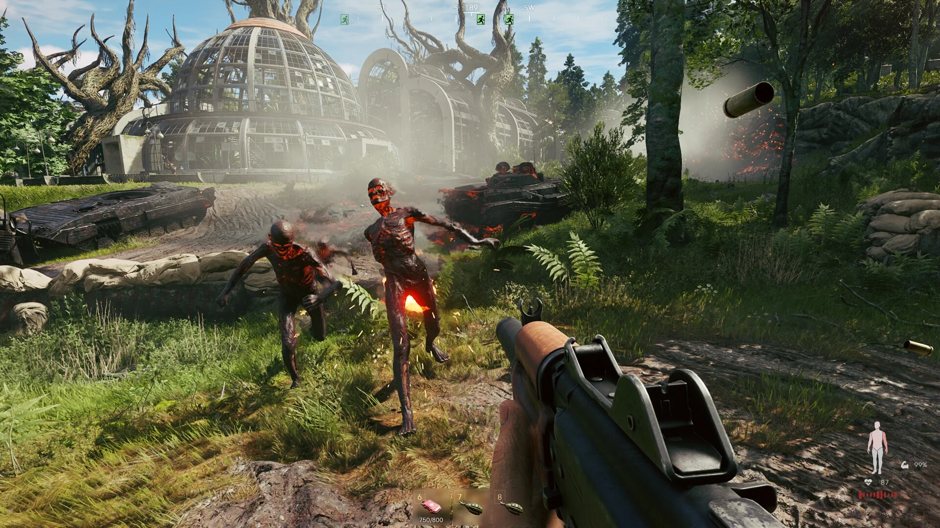 Official combat scene with glowing creatures near a greenhouse