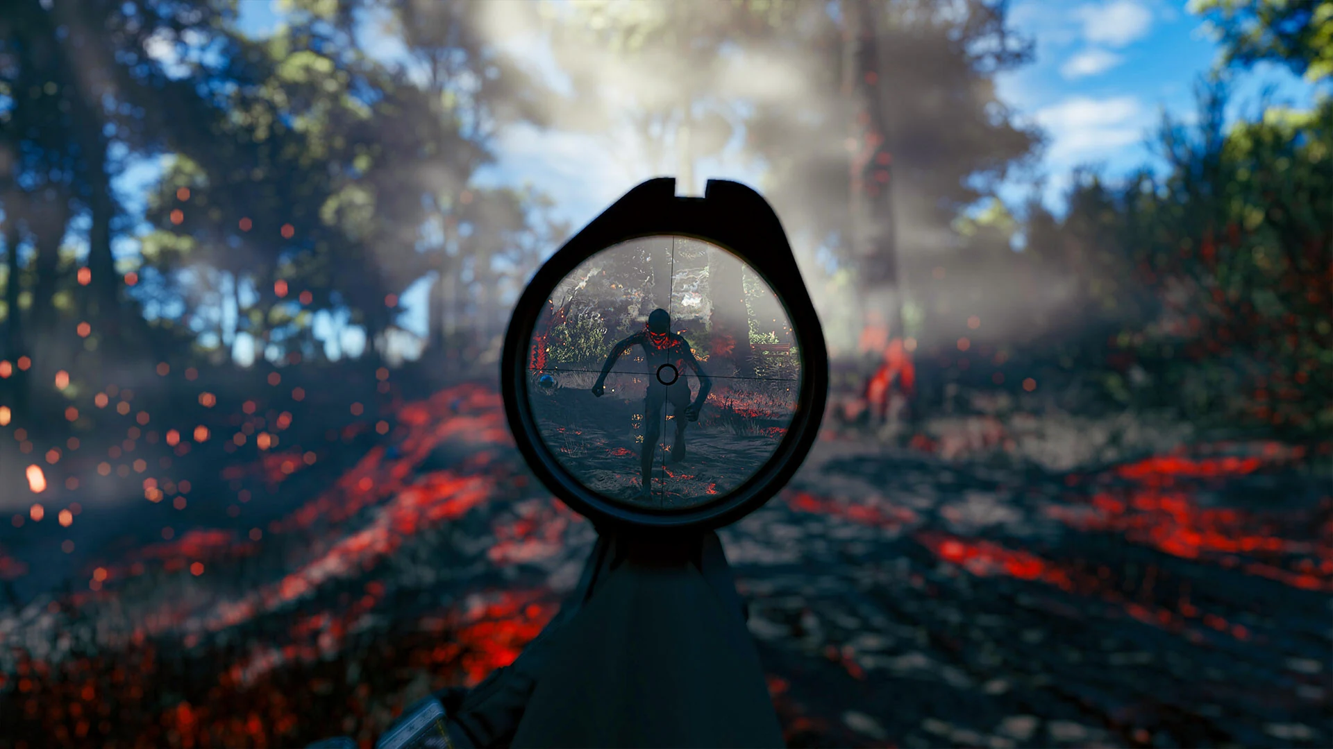Official combat scene in a red corrupted forest zone